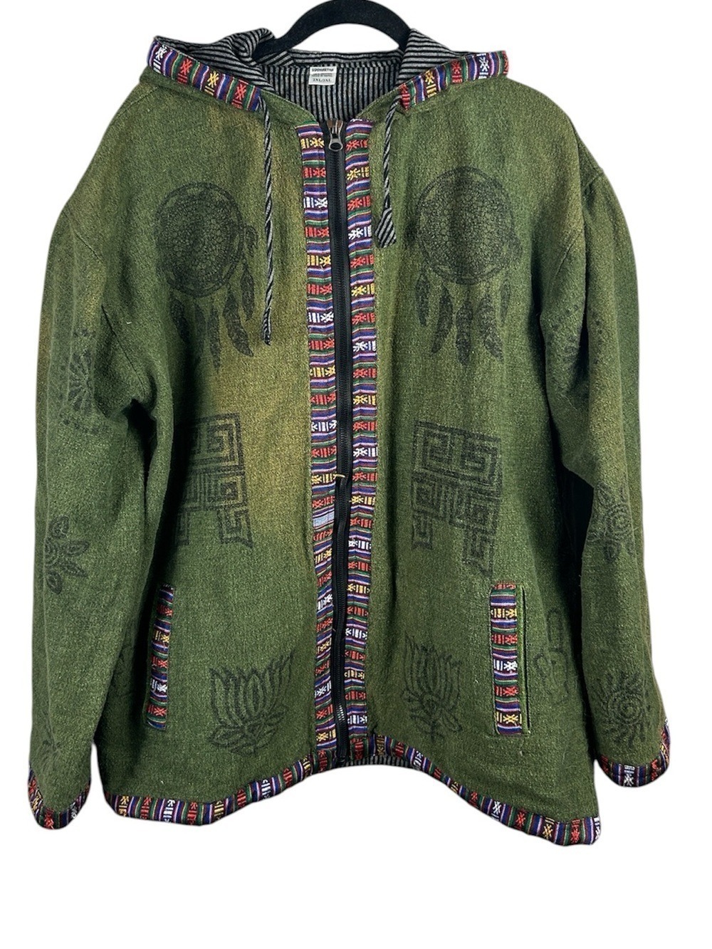 Boho Hippie Aztec Hoodie Jacket with Multi-Color Trim Size 2XL